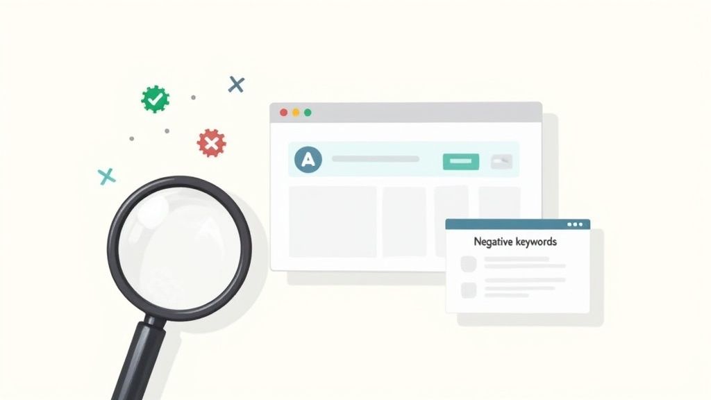 Magnifying glass with green check, red X, and a browser showing 'Negative keywords' list.