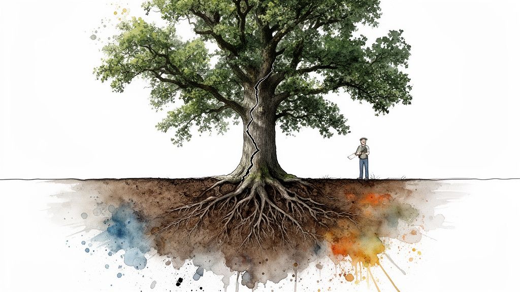 A detailed illustration of a large oak tree with a cracked trunk, exposed roots, and watercolor soil, with a small person nearby.