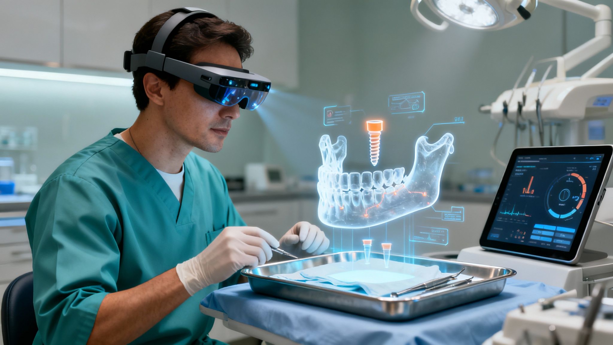 Dentist in VR headset viewing holographic jawbone with implant, using surgical tools in a clinic.