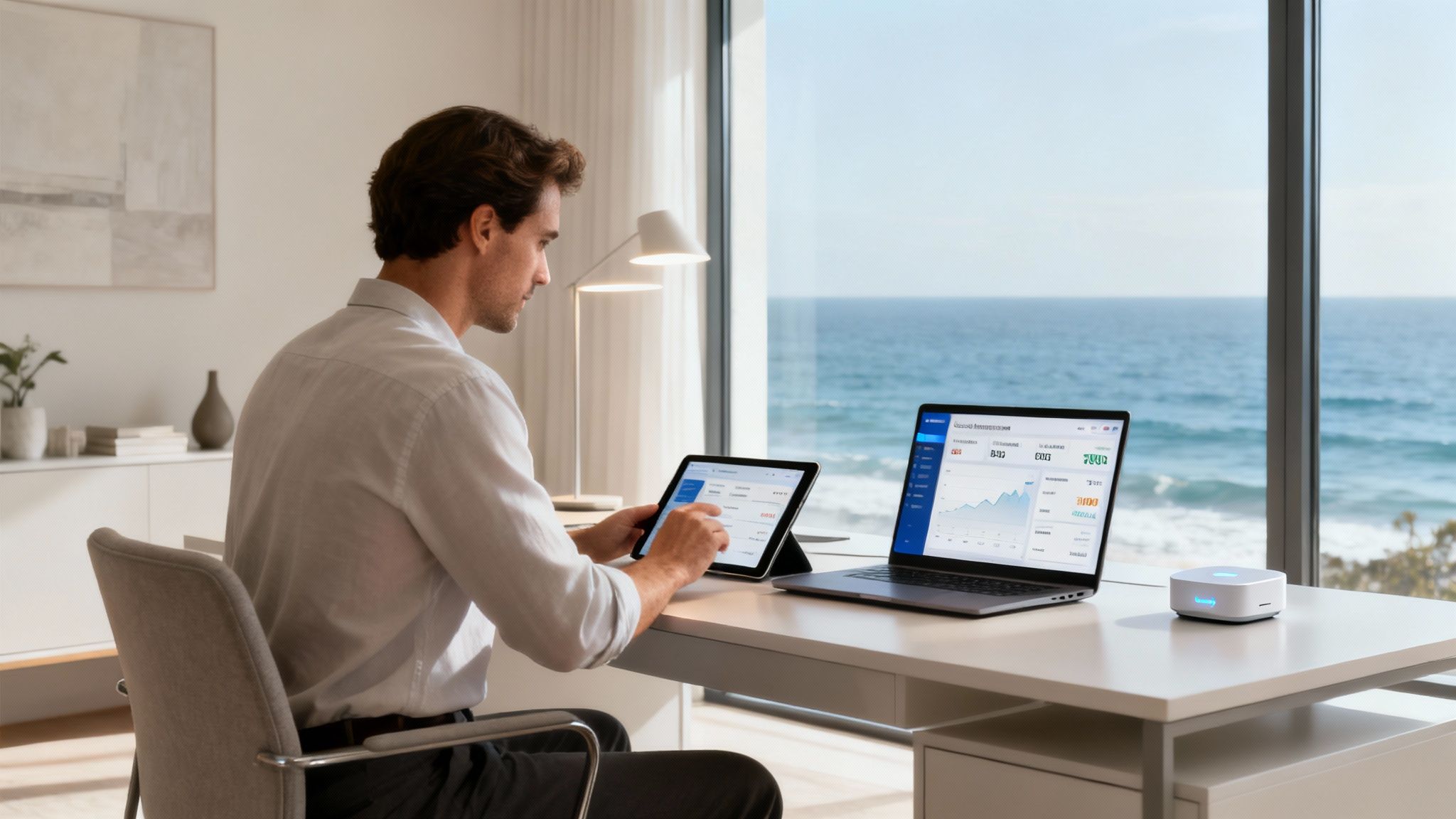 A person using a tablet to manage their property finances and communications, illustrating a seamless ownership experience through technology.