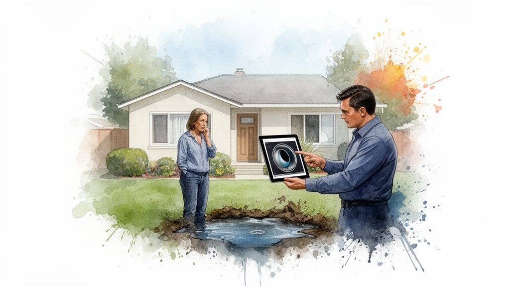 A homeowner discusses a yard water leak and pipe repair with a professional using a tablet.