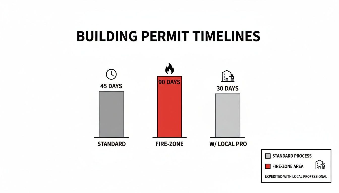 Bar chart illustrating building permit timelines: standard, fire zone, and with a local professional.