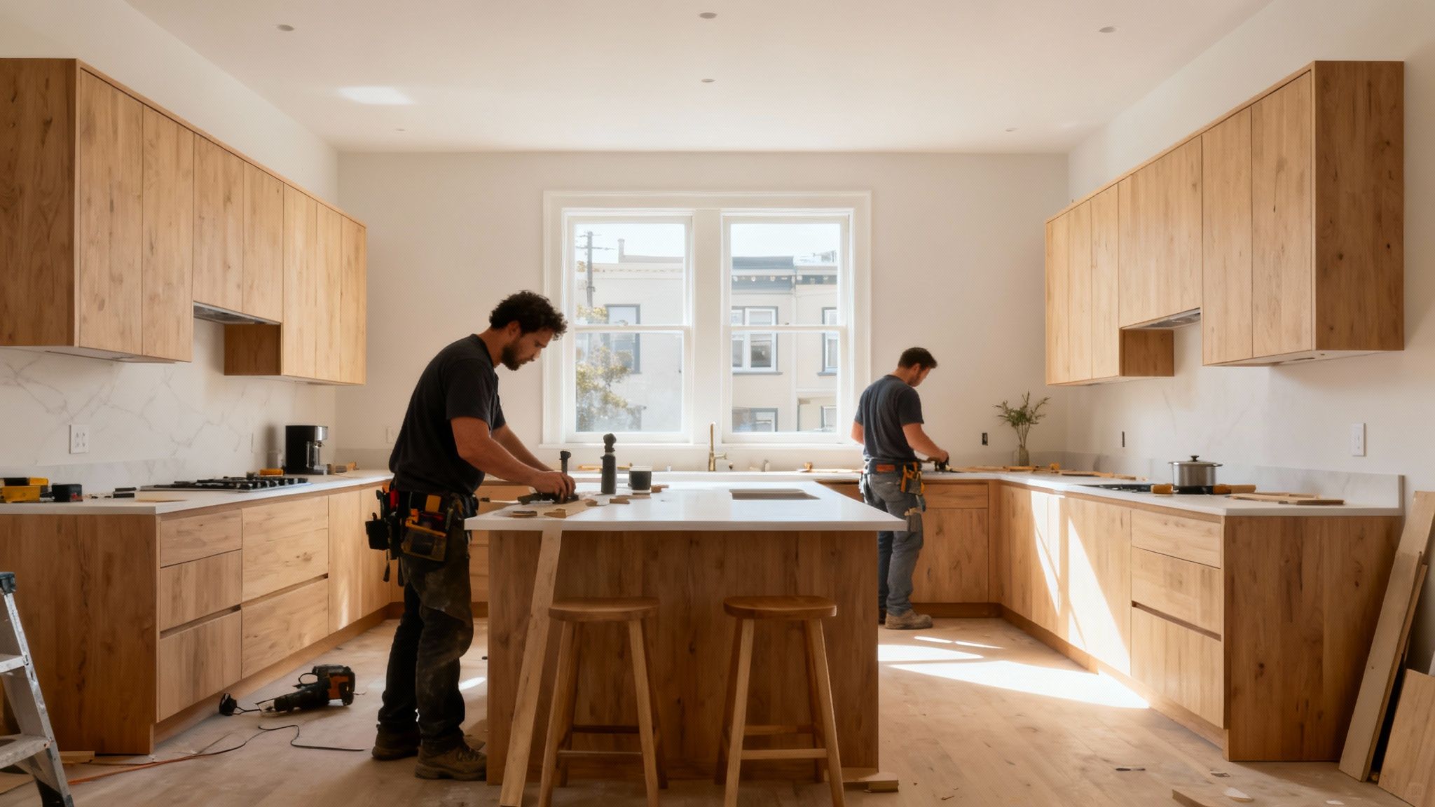 A newly built modern deck in a Bay Area backyard, showcasing clean lines and high-quality wood.