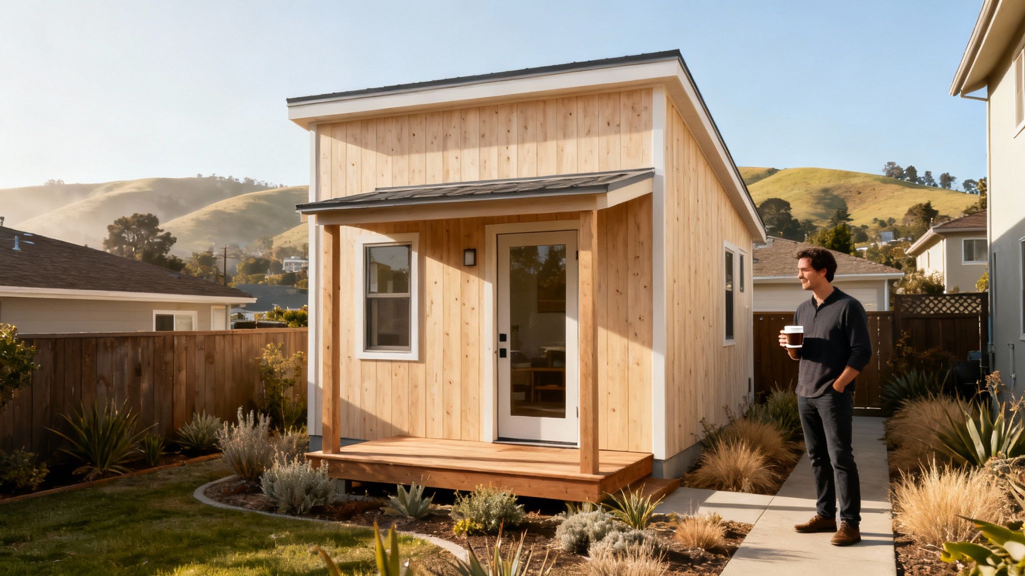 A modern, well-designed Accessory Dwelling Unit in a Bay Area backyard, showcasing smart use of space and materials.