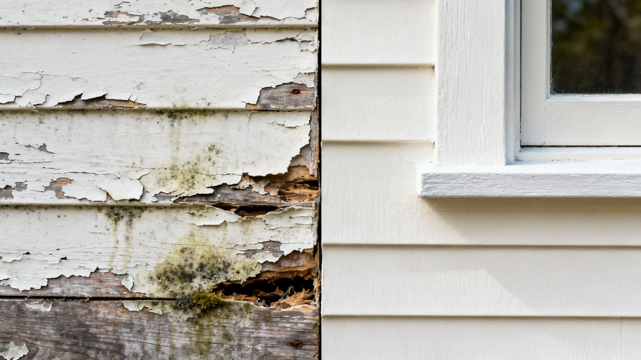 A close-up of peeling and cracked paint on the exterior of a building, showing signs of wear and tear.