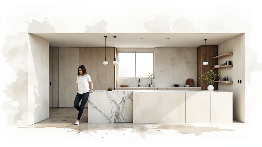 Minimalist Waterfall Island with Honed Marble