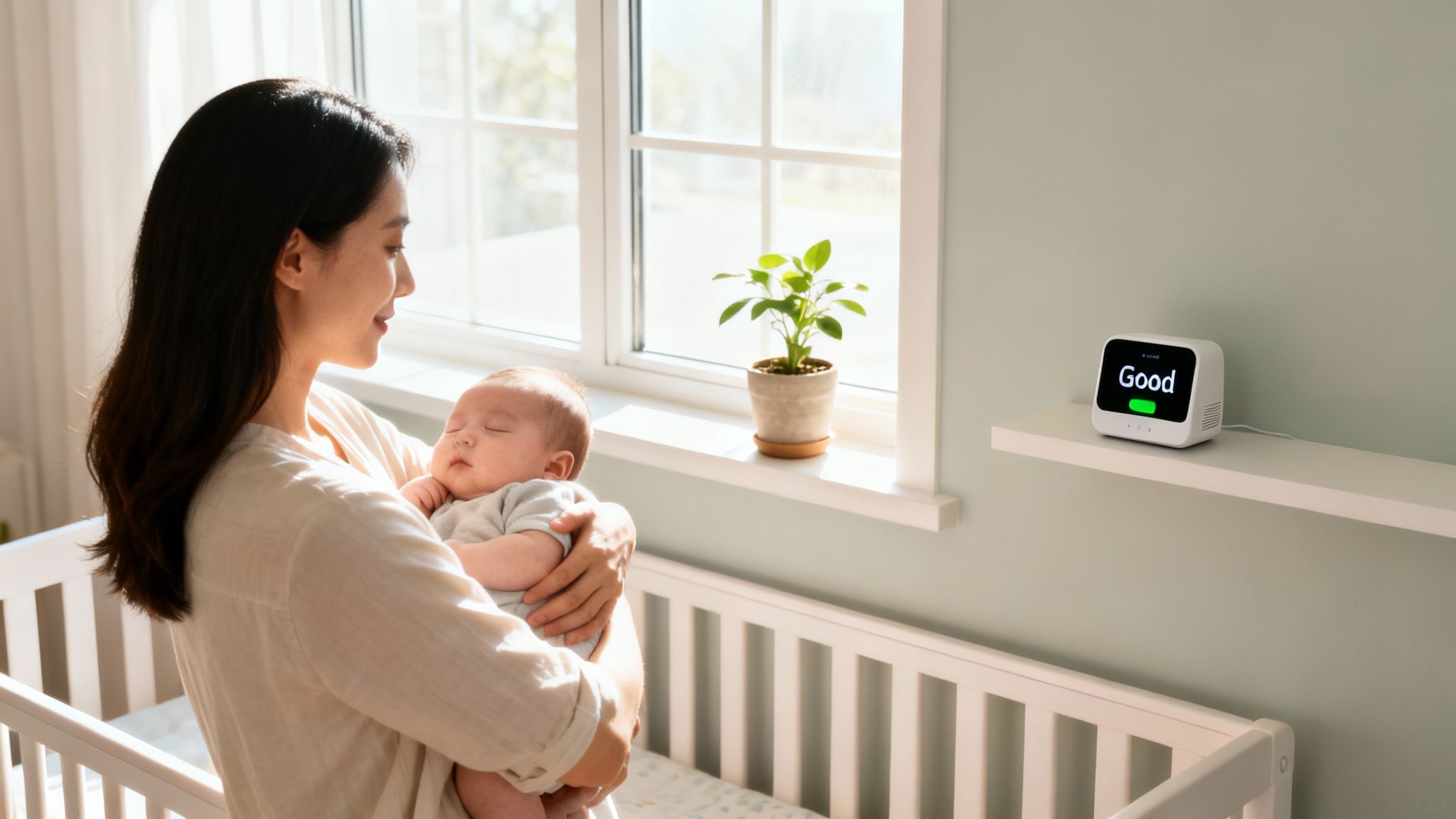 Asian mother holding sleeping baby in nursery with smart air quality monitor showing 'Good'.