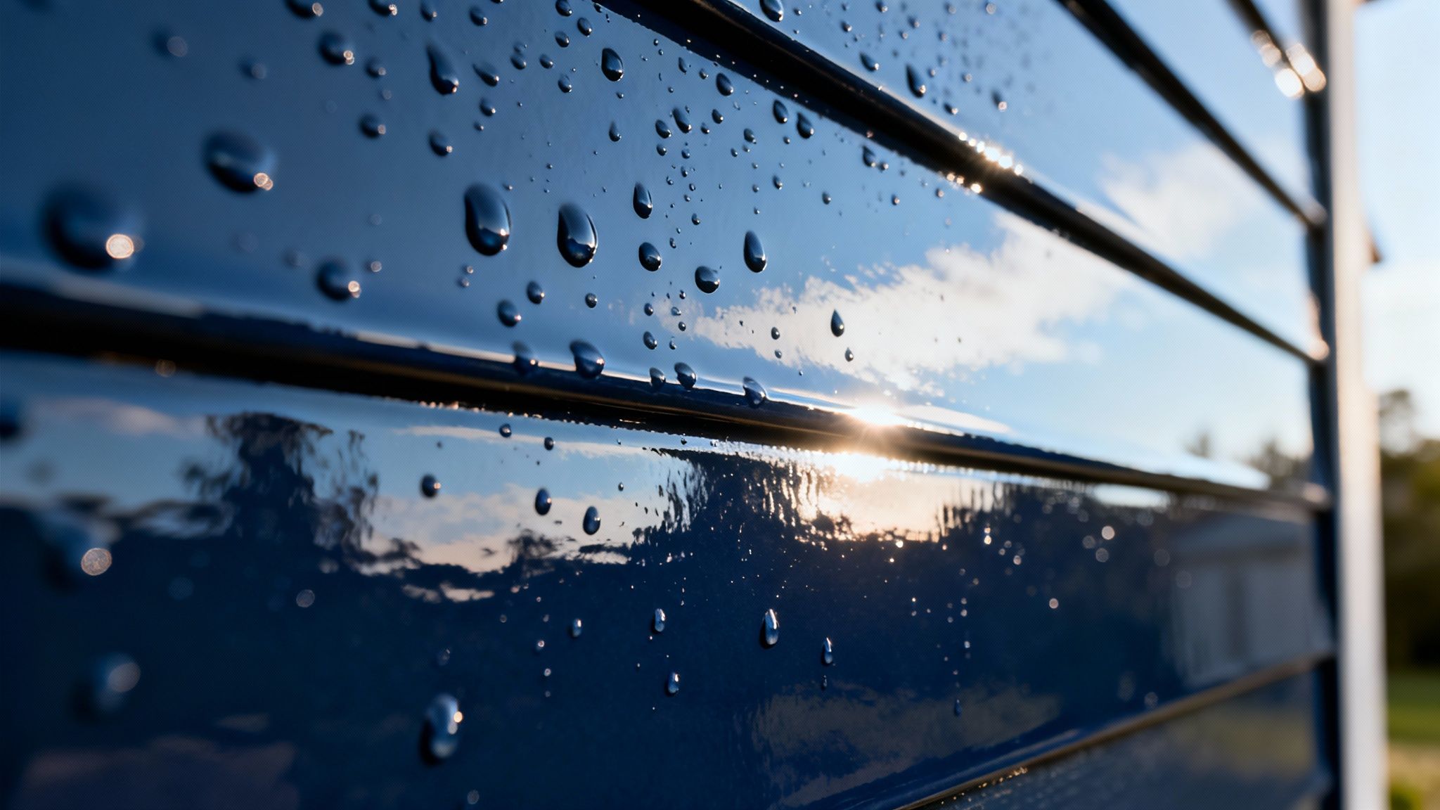 Close-up of shiny blue siding with water droplets reflecting the sun and sky.