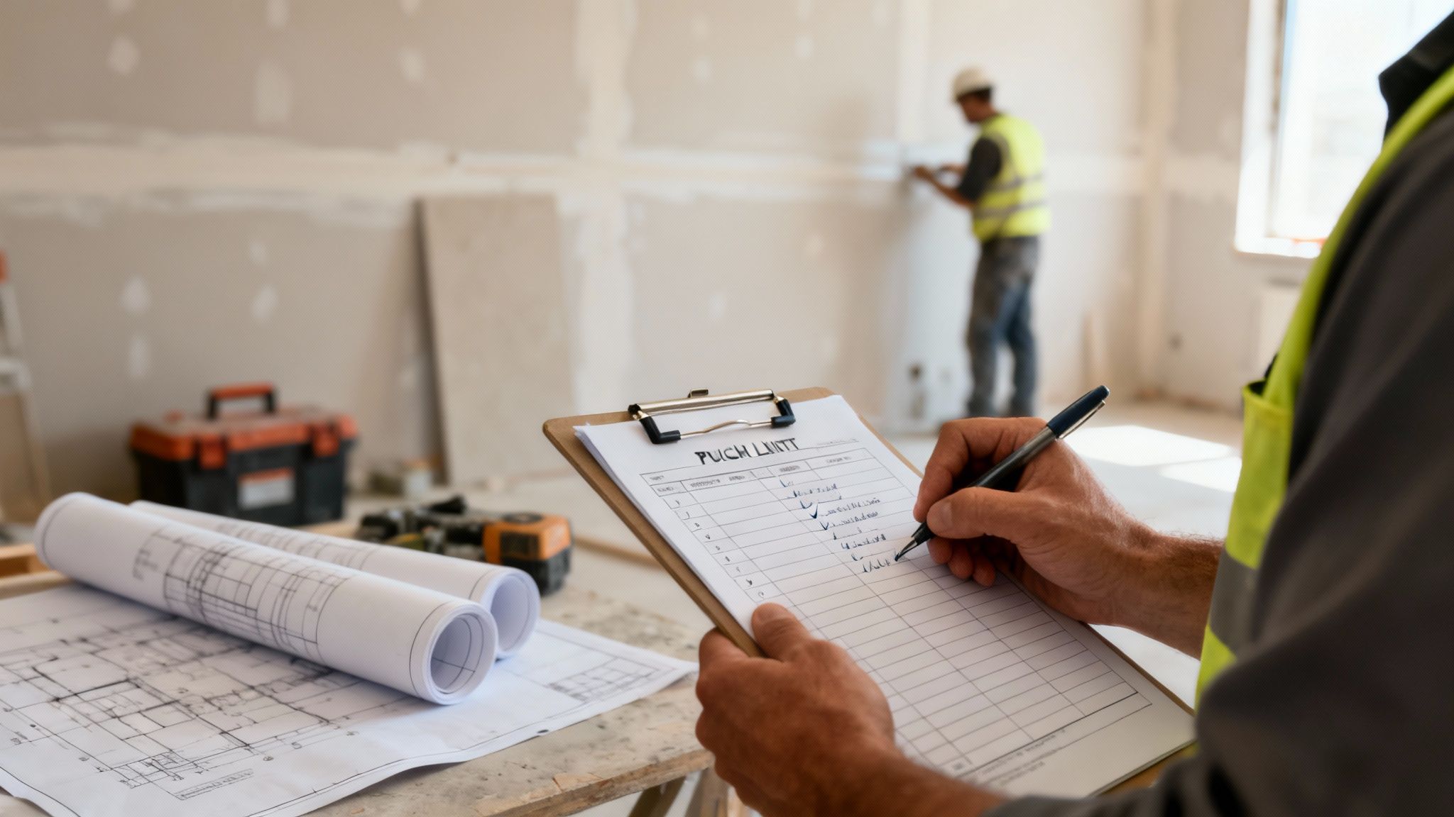 A construction supervisor reviews a punch list on a clipboard while a worker plasters a wall in the background.