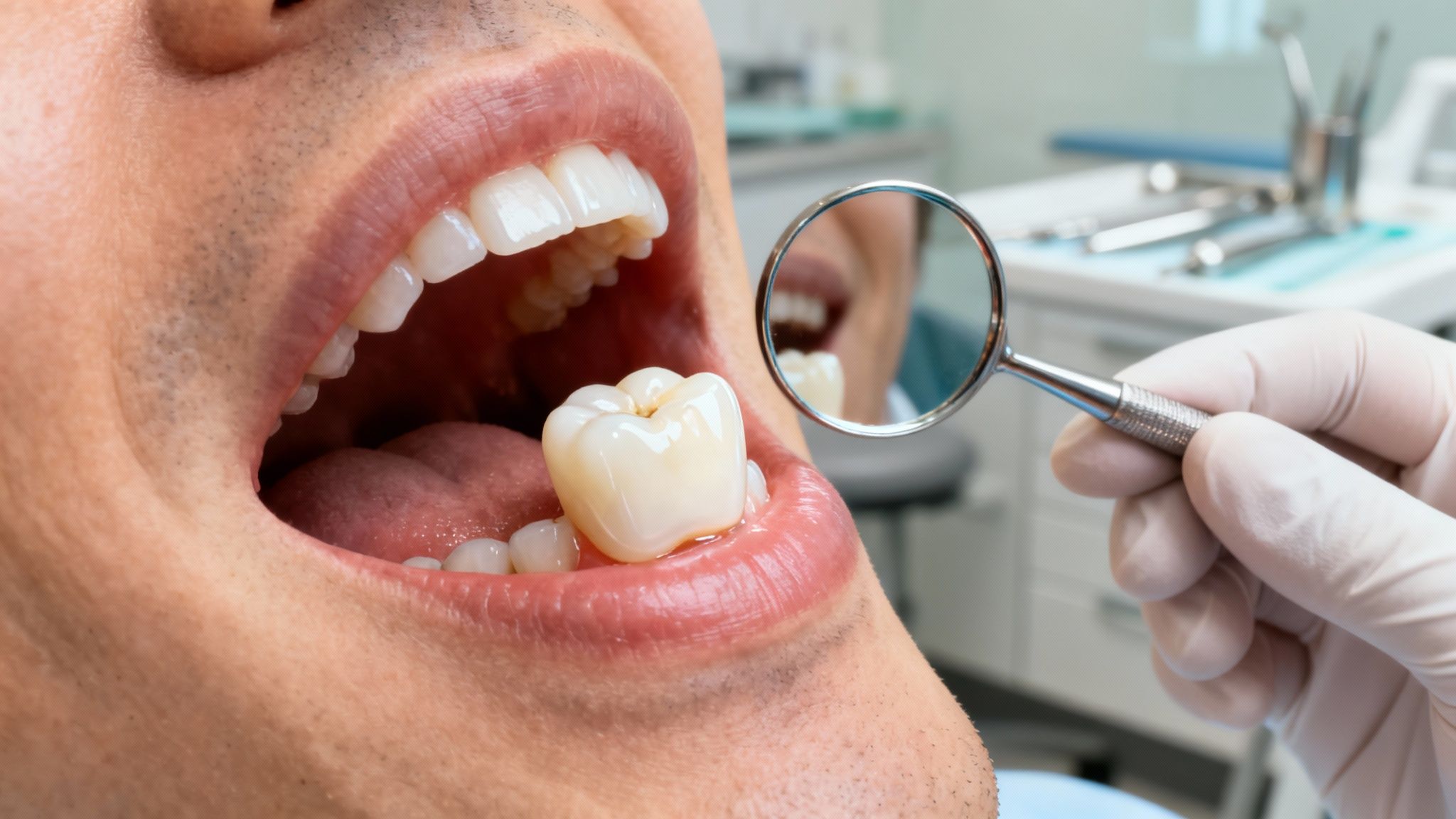 Close-up of a patient's mouth with a new dental crown, inspected by a dentist's mirror.