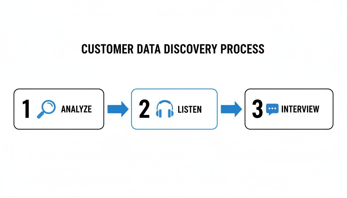 A three-step customer data discovery process showing Analyze, Listen, and Interview stages with icons.