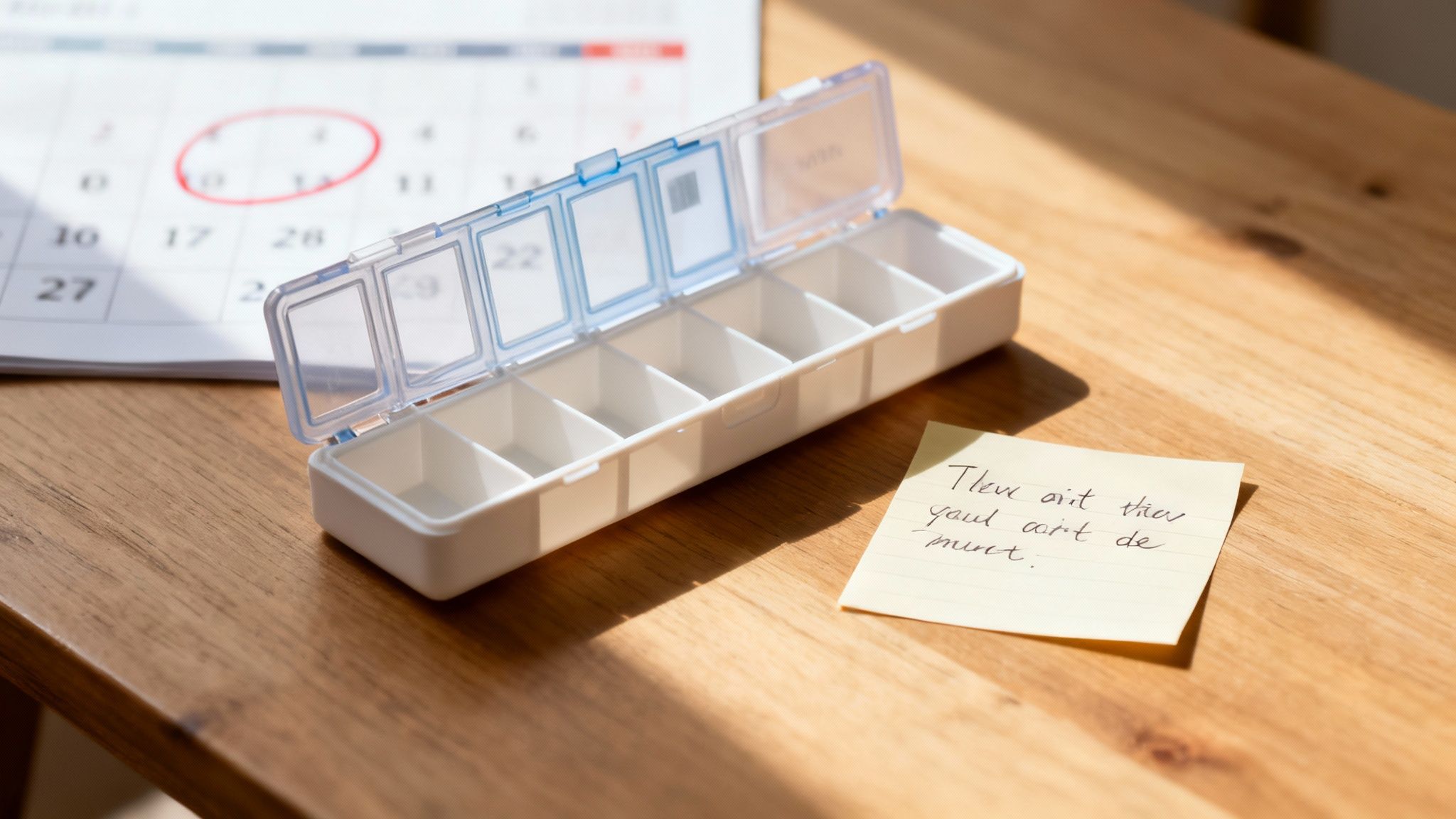 A seven-day pill organizer, a calendar with a circled date, and a handwritten note on a wooden desk.