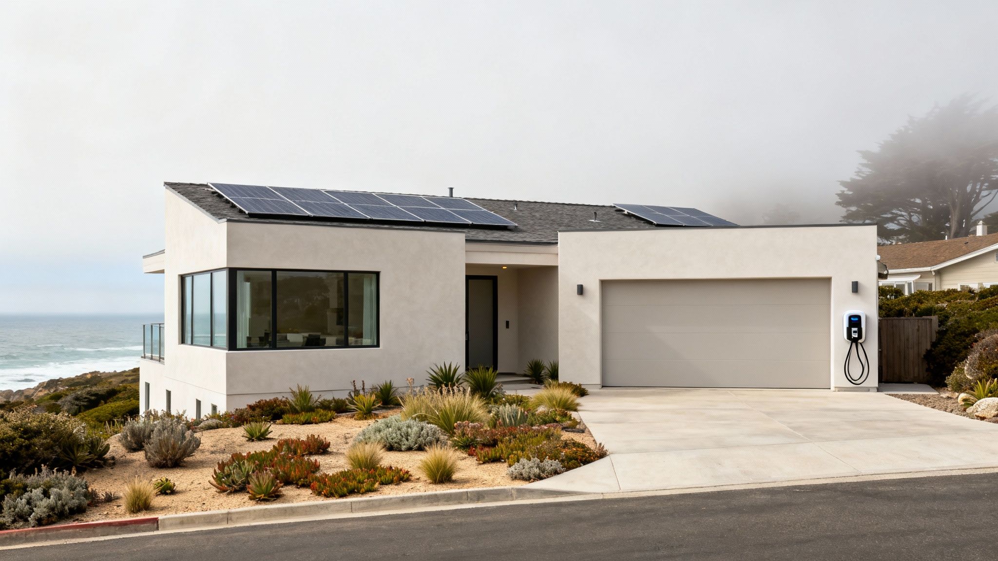 A modern home with large windows and solar panels, set against a scenic coastal backdrop.