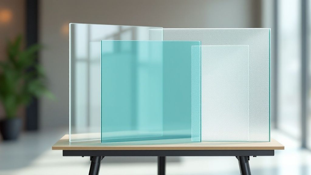 A close-up of a sleek, modern brushed nickel shower door handle.