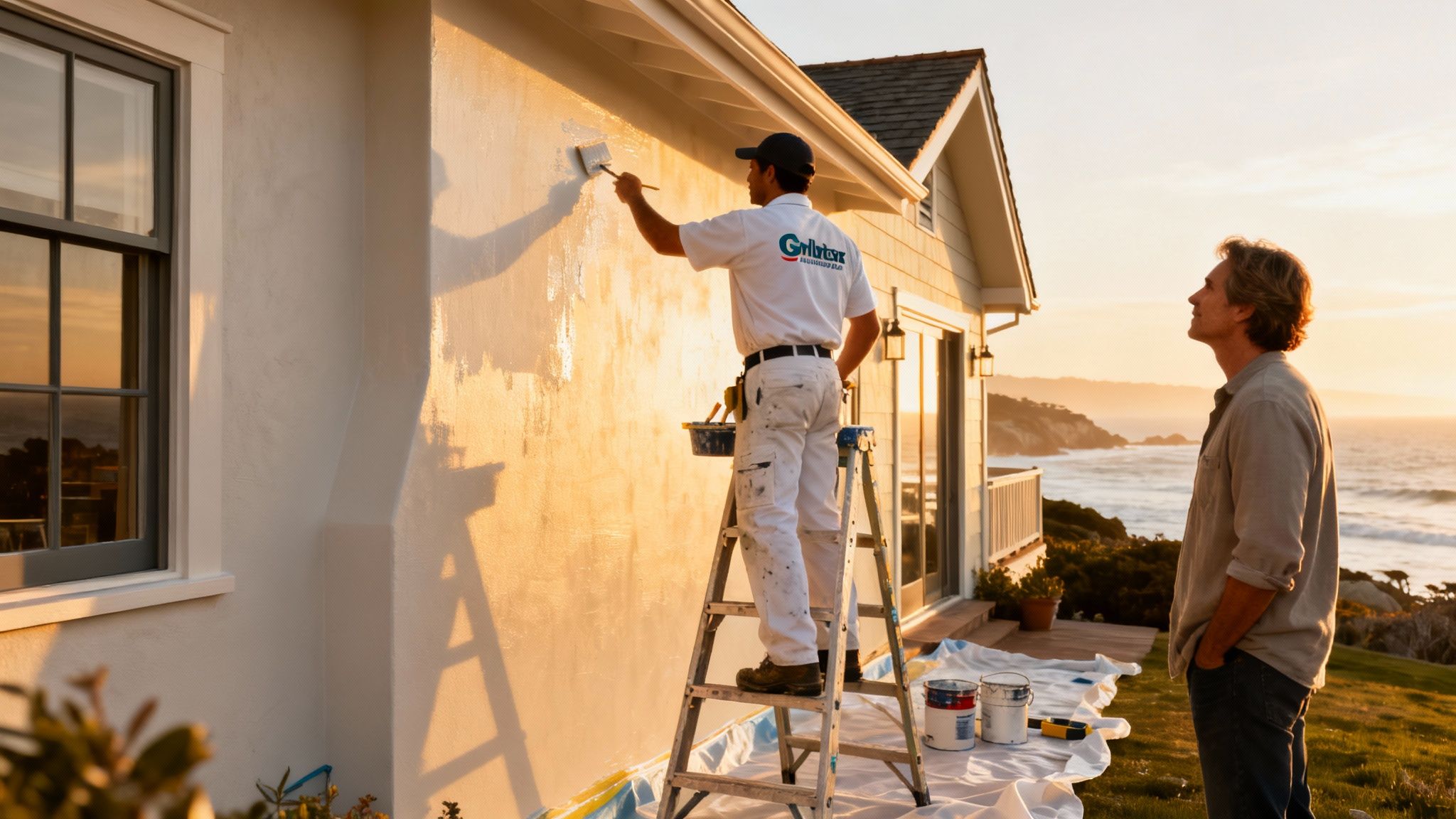 A professional painter on a ladder paints a coastal house exterior as the homeowner observes at sunset.