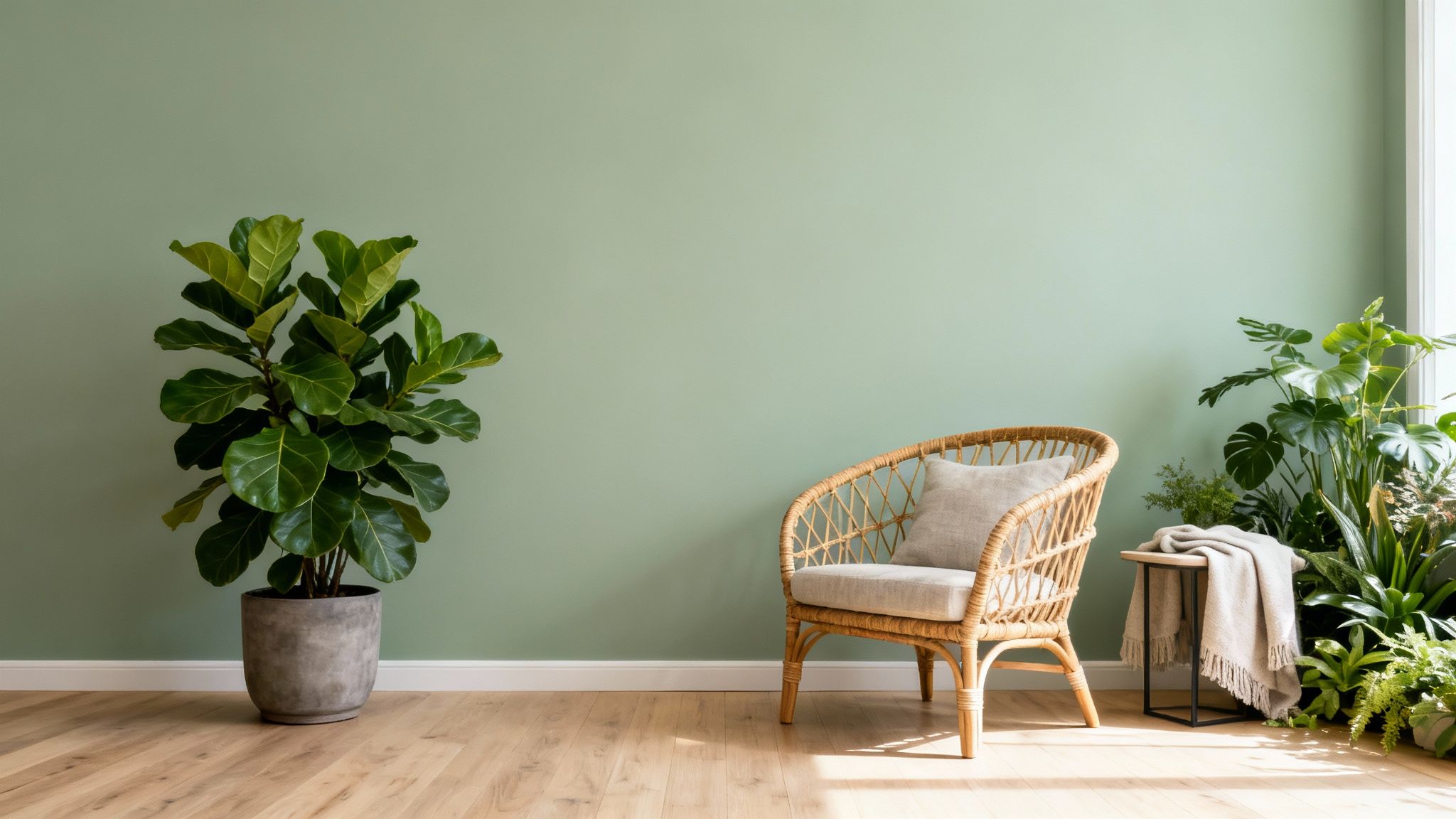 A cozy room with a light green wall, a fiddle leaf fig plant, a rattan chair, and other lush green plants.