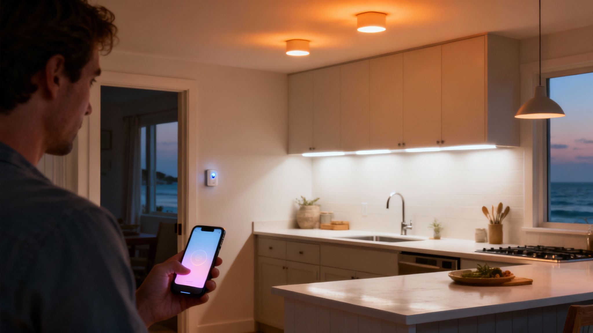 Man adjusts smart lights in a modern kitchen overlooking the ocean using a smartphone app.