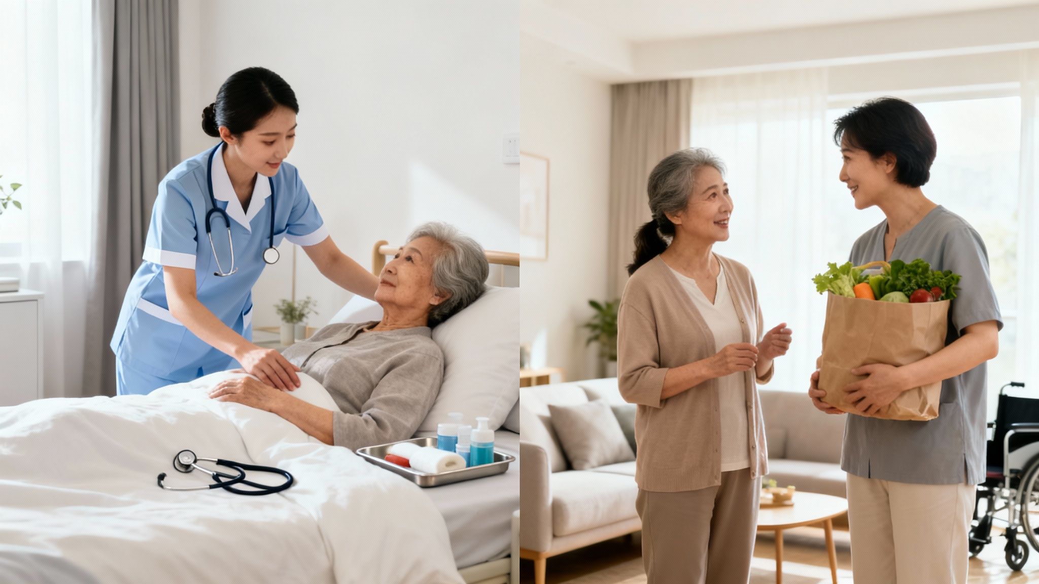 A nurse attends to an elderly woman in a hospital bed, while a caregiver delivers groceries to an older woman at home, illustrating different types of senior care.
