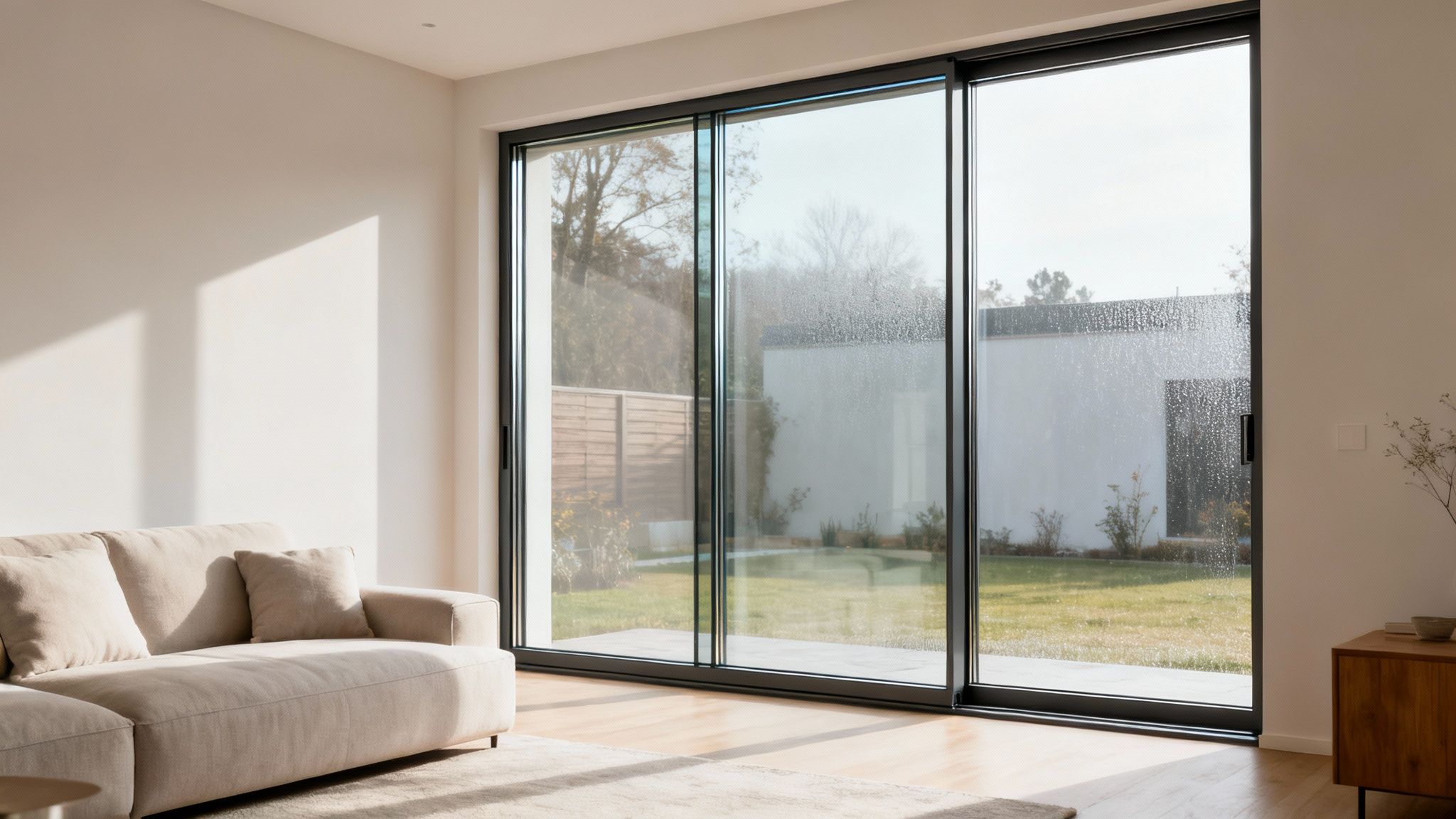 A modern living room featuring a beige sofa and large sliding glass doors opening to a backyard.