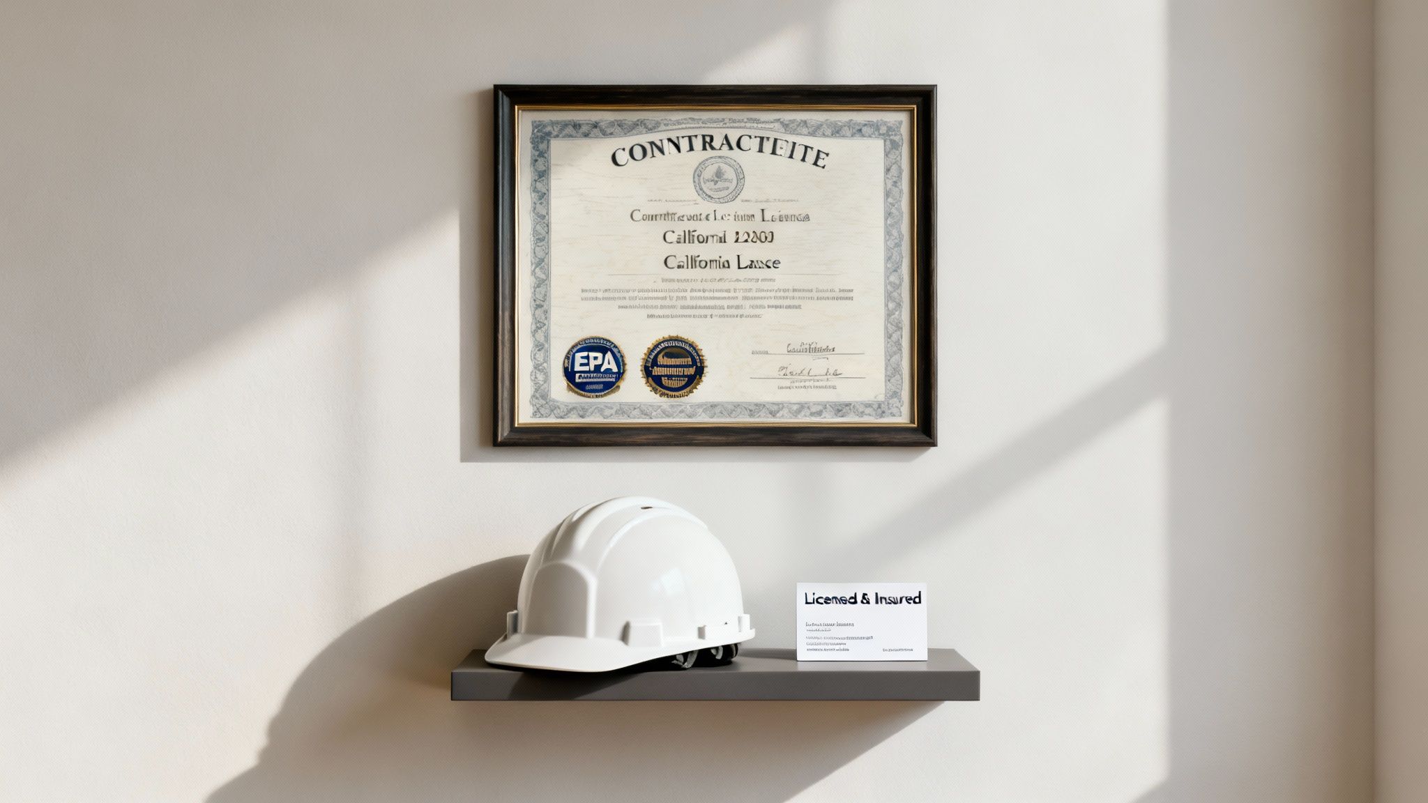 A framed certificate hangs above a white hard hat and 'Licensed & Insured' card on a shelf.