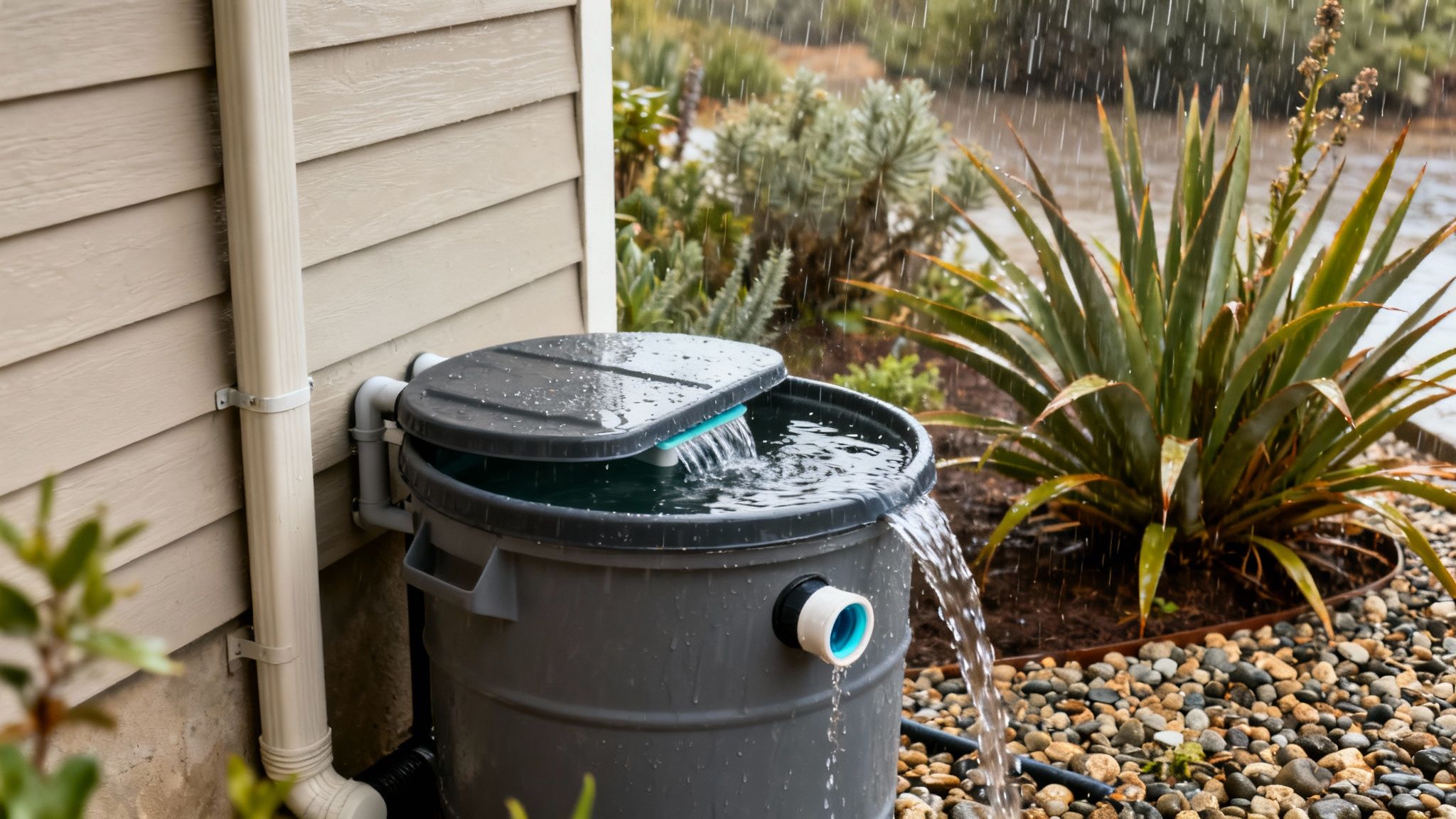 A grey rain barrel collecting water from a downspout, overflowing during a rain shower.