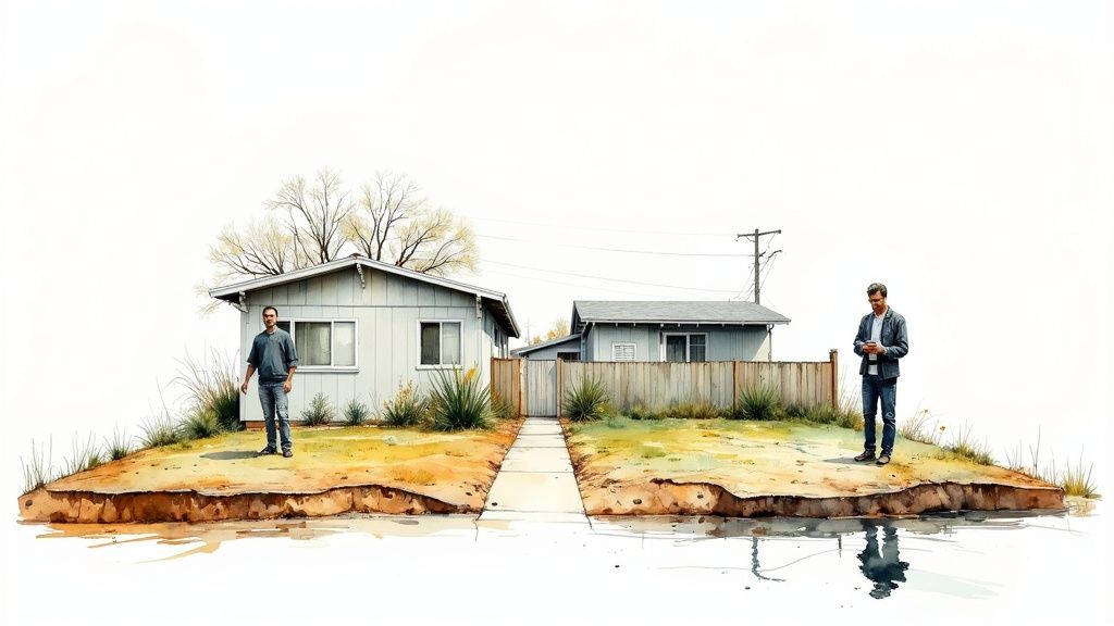Conceptual illustration showing residential property divided by crack symbolizing drought and storm damage risks