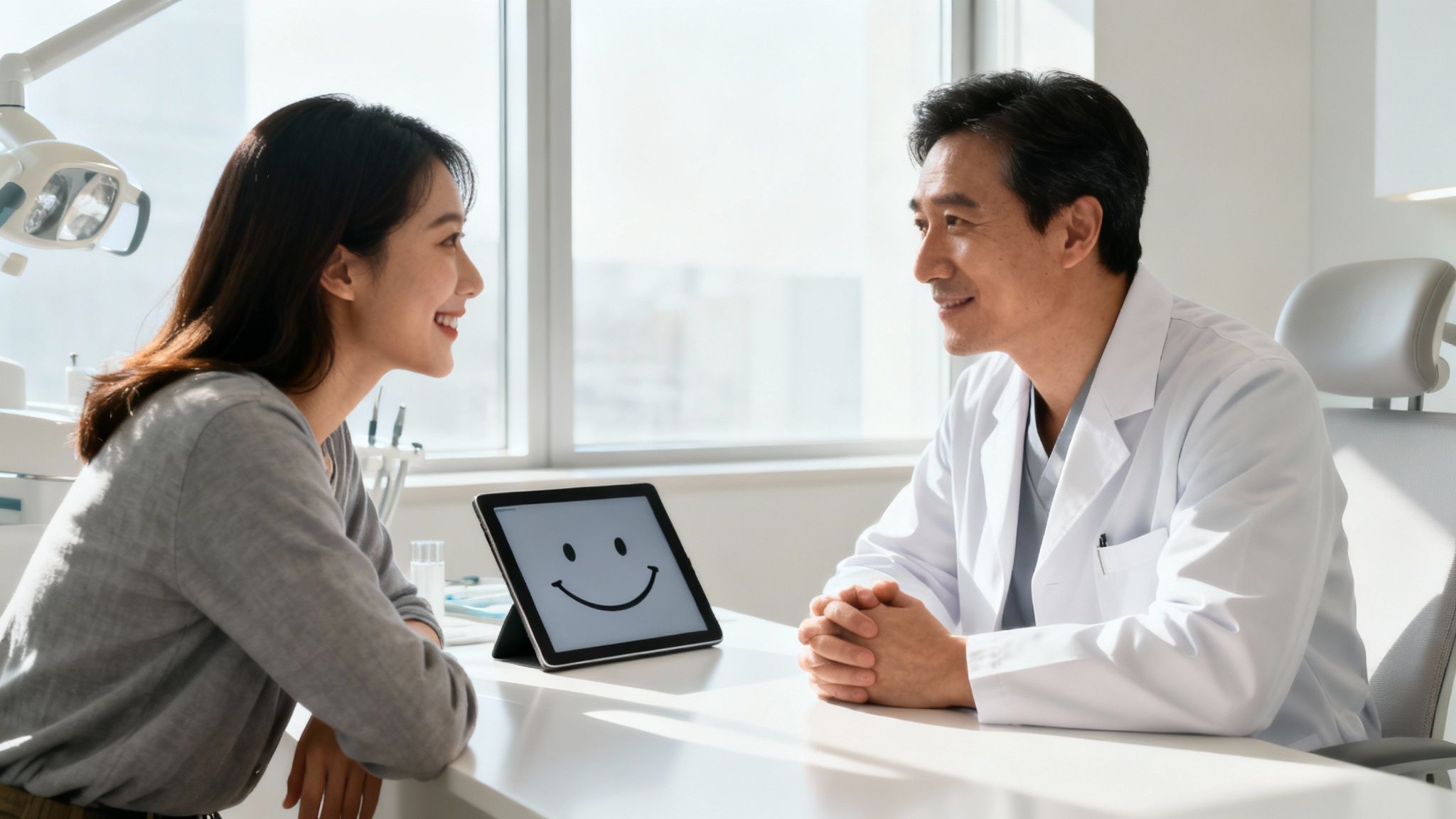 A happy female patient consults with a smiling male dentist in a bright office, a tablet displays a smiley face.