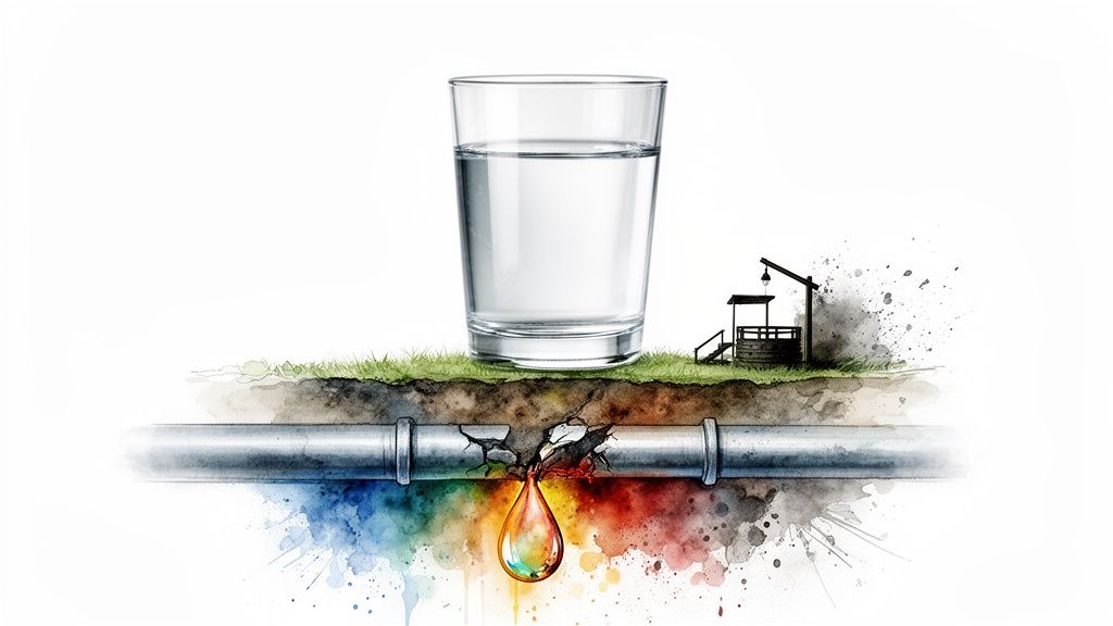 A glass of water sits above ground, while a cracked underground pipe leaks colorful water below, near a well.