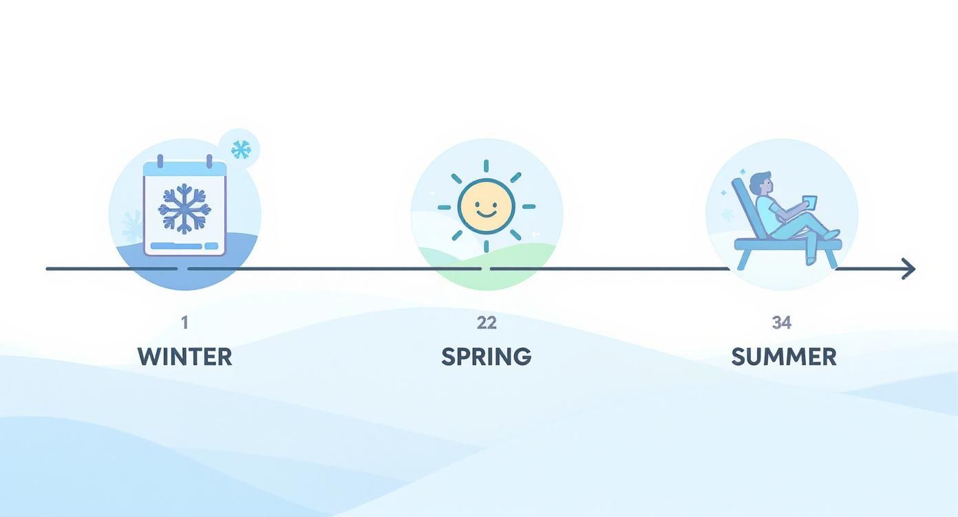 Infographic timeline illustrating winter, spring, and summer seasons with corresponding icons and numbers.