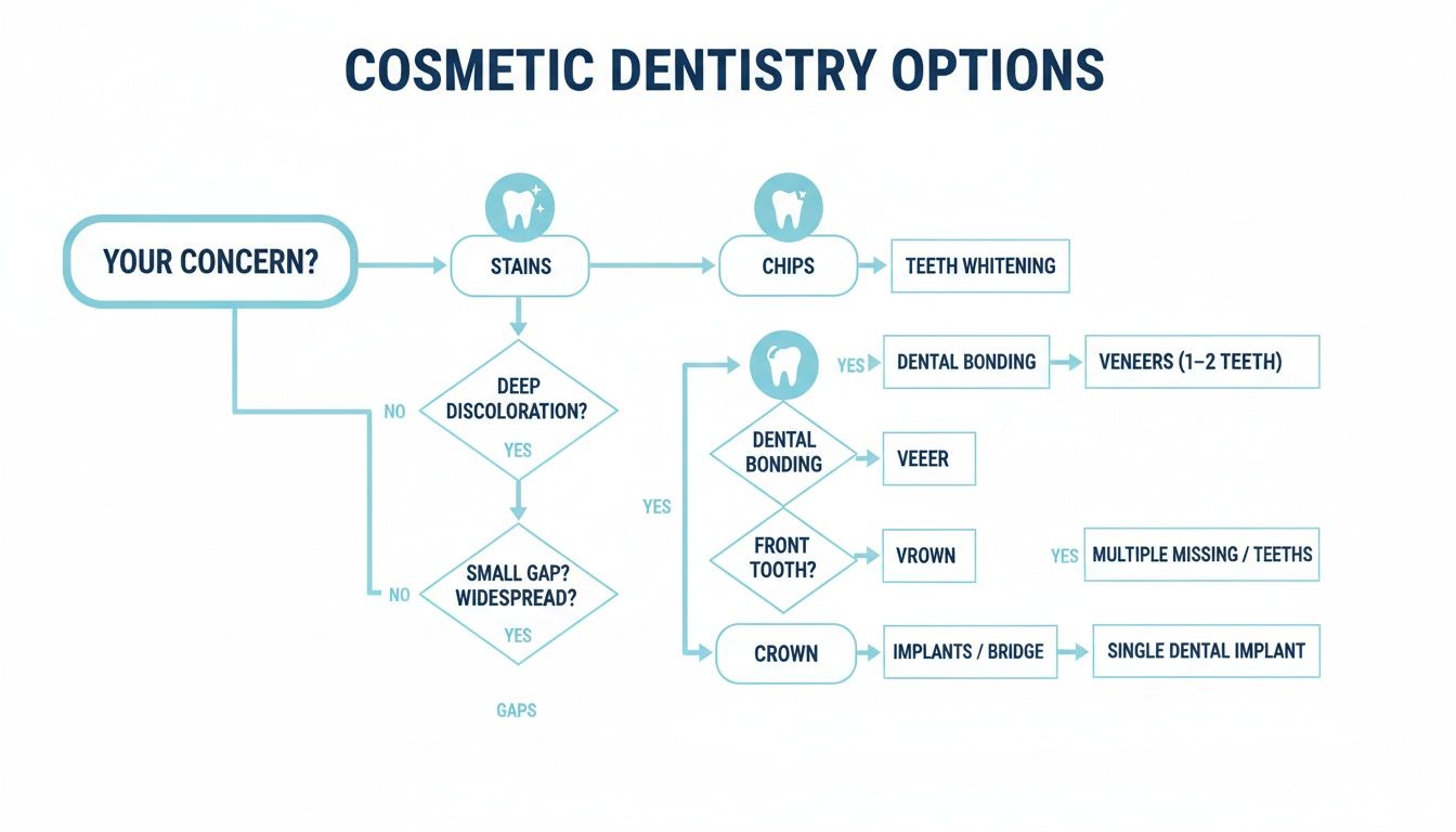 A flowchart detailing cosmetic dentistry options for concerns like stains, chips, and gaps in teeth.