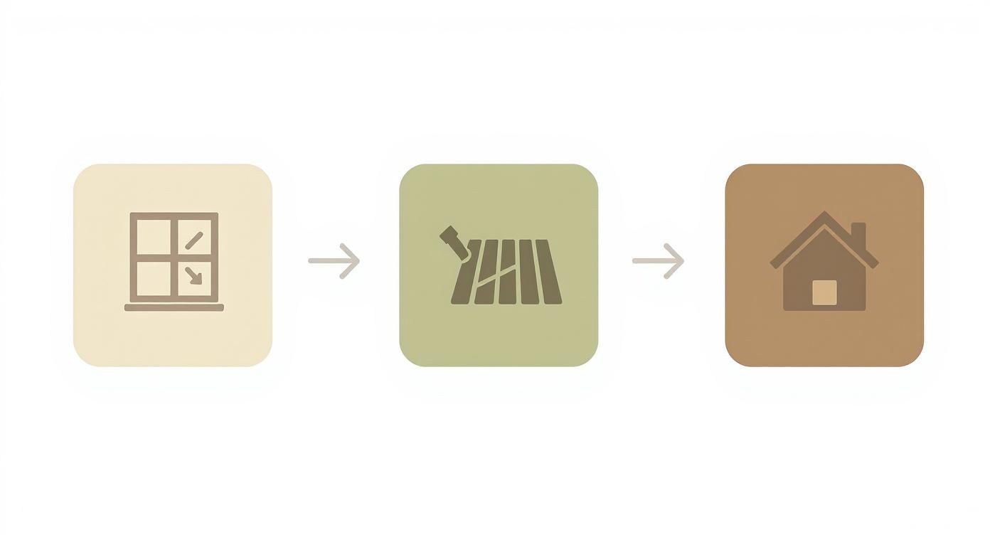 Three icons showing renovation planning process from blueprint window to flooring materials to finished house