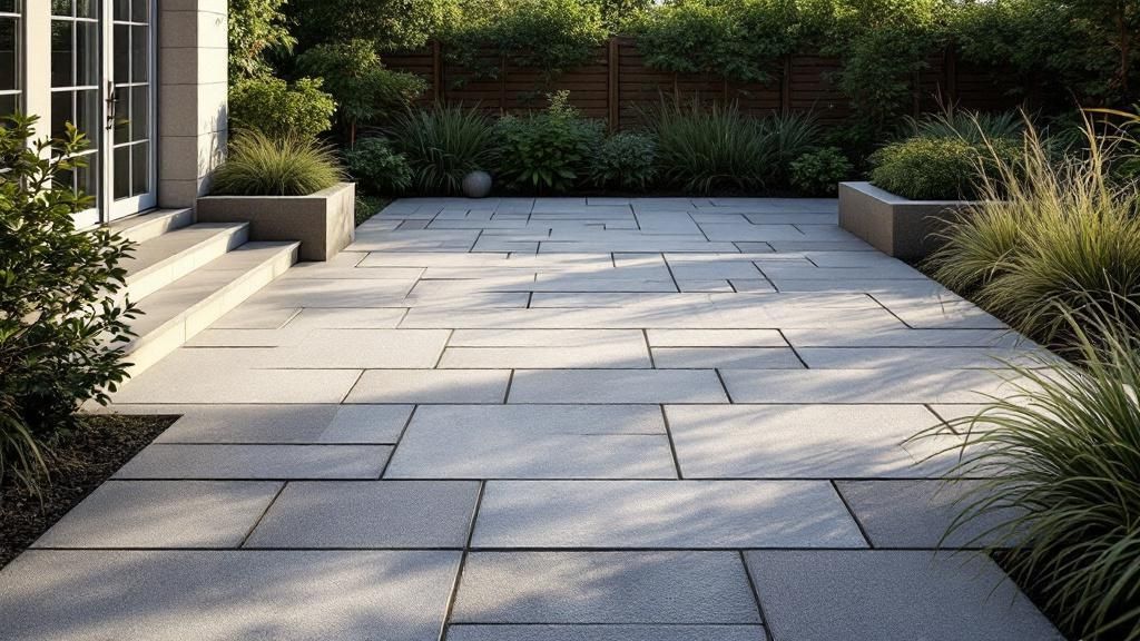 A selection of different permeable pavers laid out on a gravel base, showing various textures and colors.
