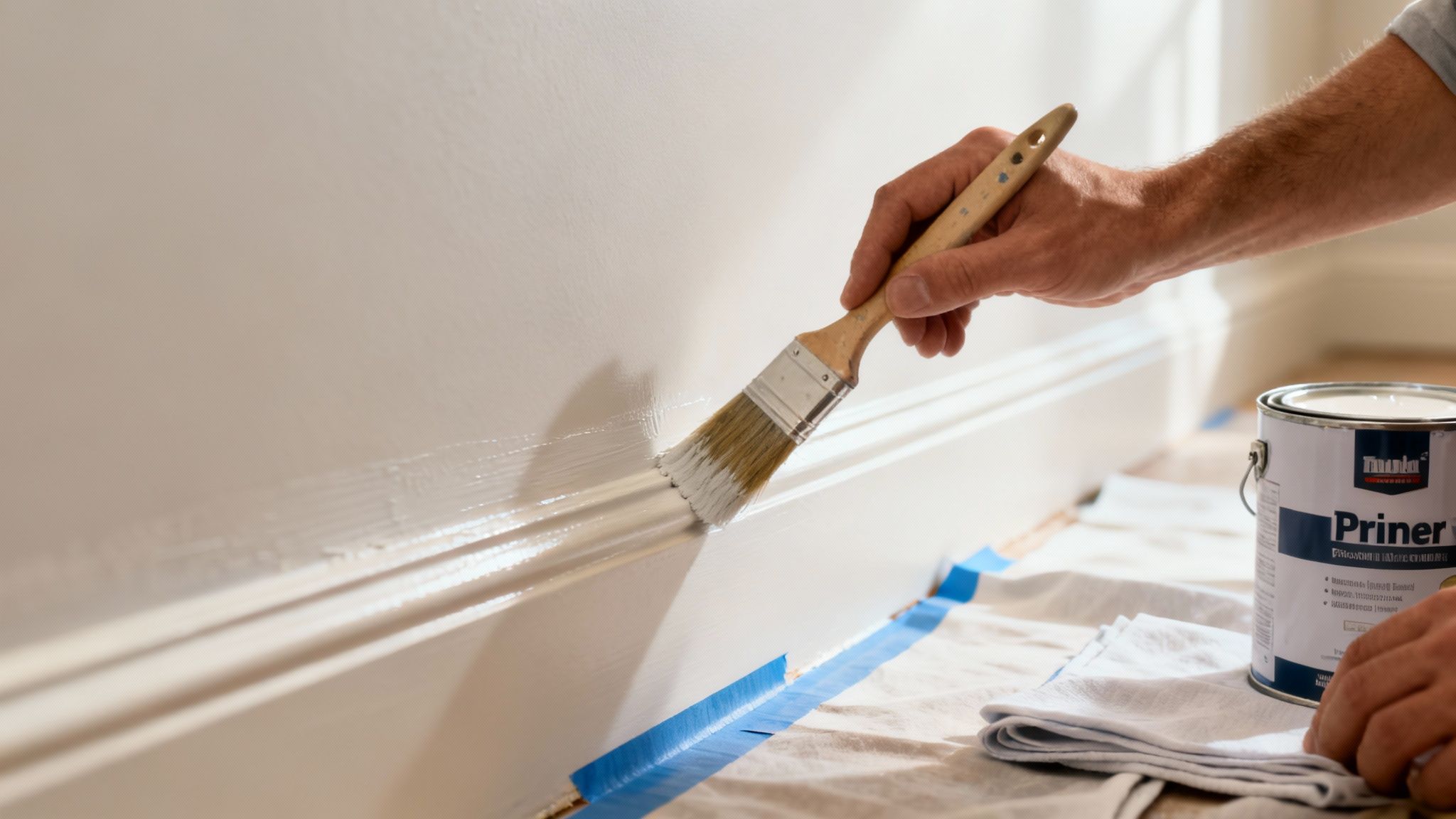 Close-up of a person painting white baseboard trim with a paintbrush and primer.