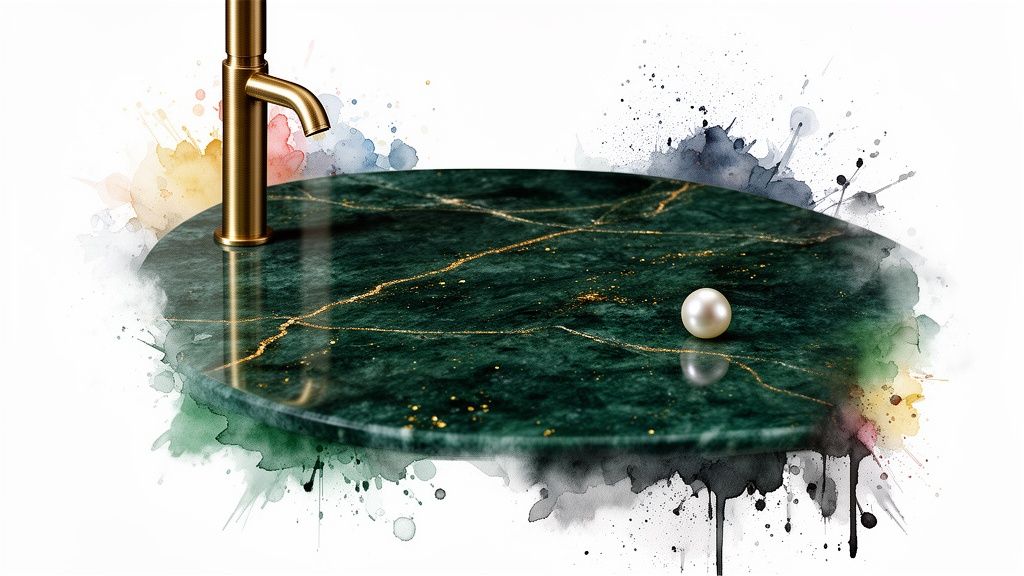 Luxurious green marble surface with a golden faucet and a pearl, surrounded by colorful watercolor splashes.