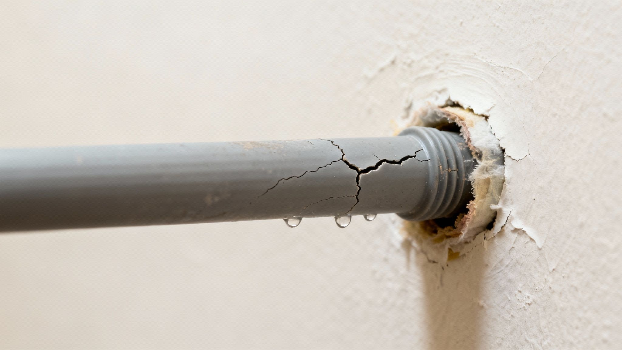 Close-up of a damaged grey pipe with multiple cracks, leaking water droplets into a wall.