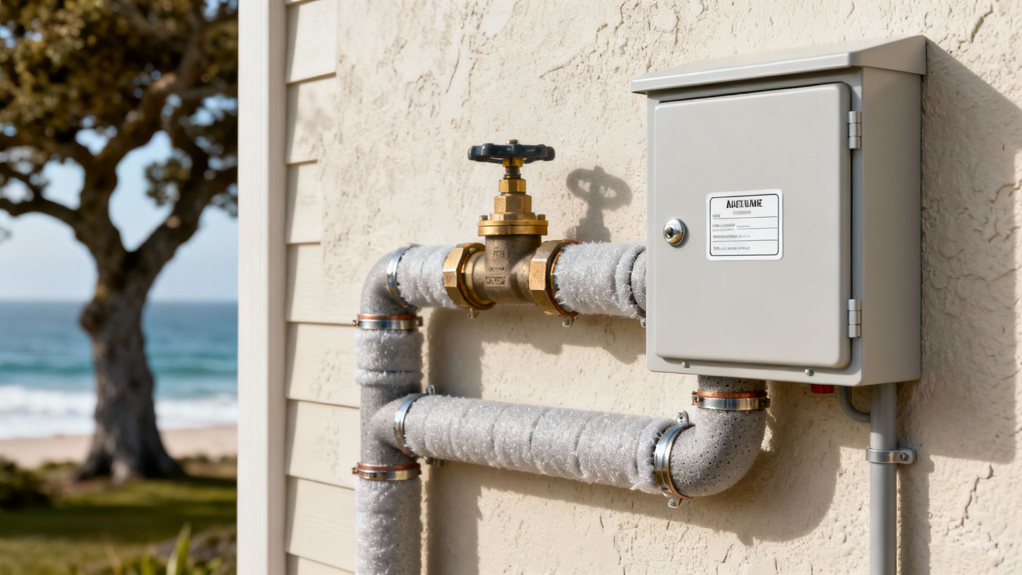 Outdoor plumbing system with insulated pipes, a brass valve, and an electrical box on a textured wall, overlooking the ocean.