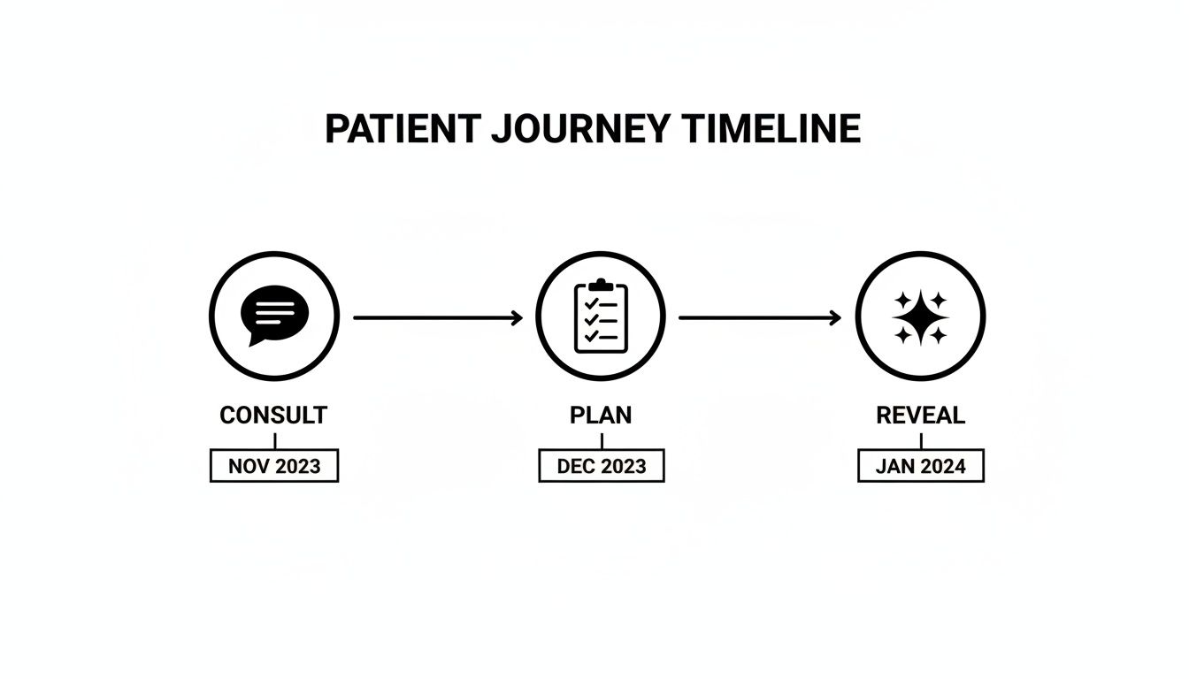Patient journey timeline illustrating consult, plan, and reveal stages from Nov 2023 to Jan 2024.