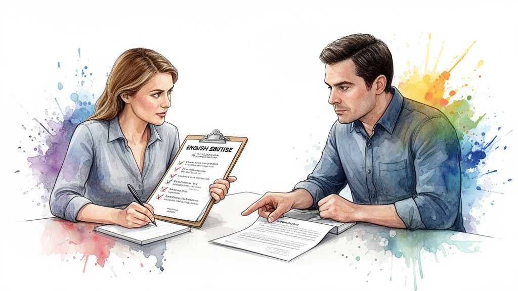 Watercolor illustration of a woman and man discussing documents, with the woman holding a checklist.