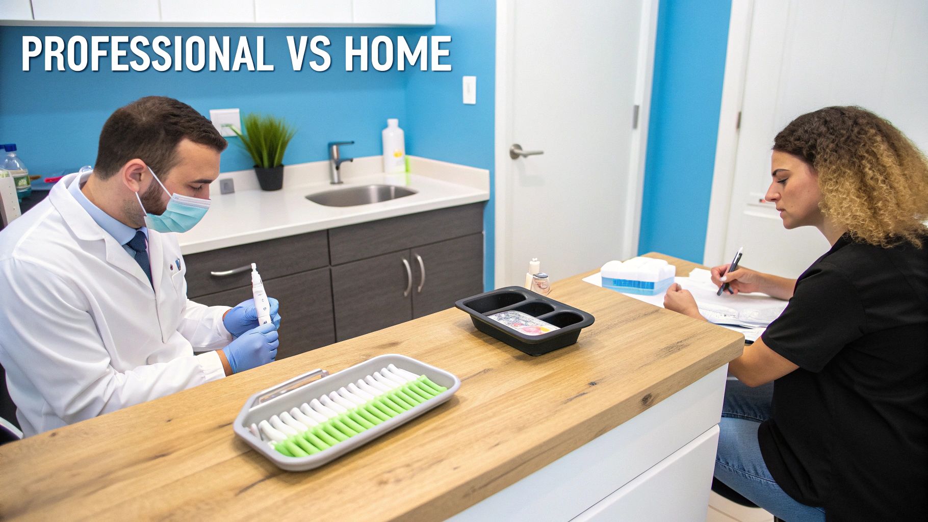 A professional in a lab coat and mask prepares a device for teeth whitening.