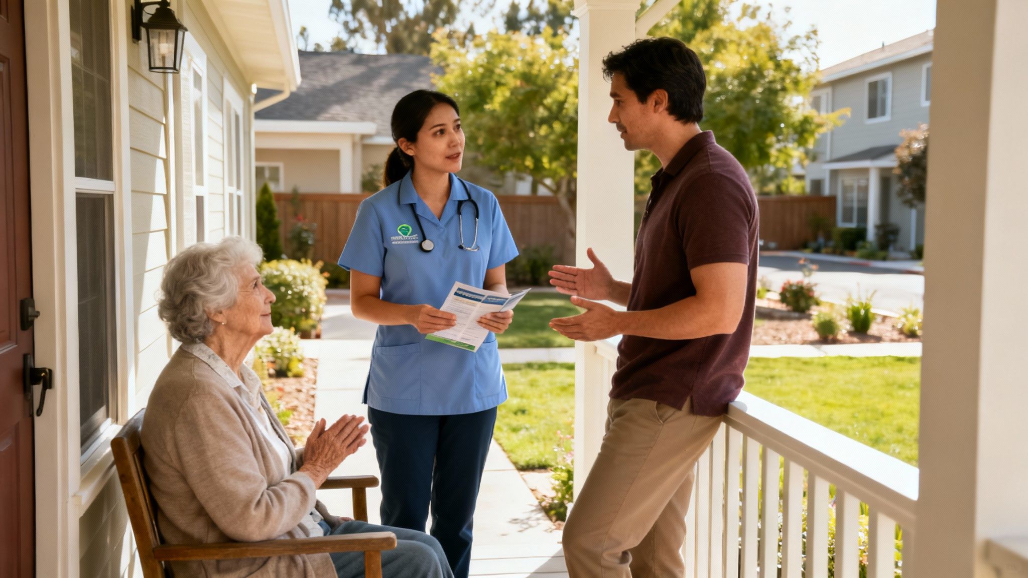 A nurse discusses home hospice care with a man and an elderly woman on a sunny porch.