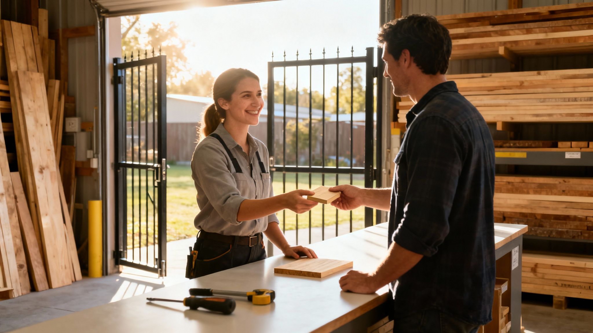 A smiling female carpenter hands a small wooden block to a male customer in a bright lumber yard.
