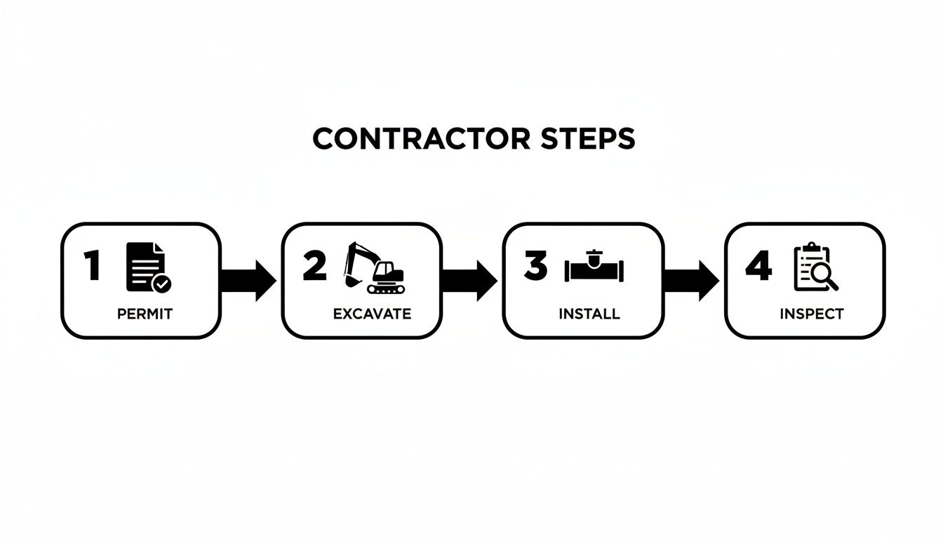 Can I Install a New Water Main Myself Without a Contractor? 3 A four-step flowchart illustrating contractor steps: permit, excavate, install, and inspect.