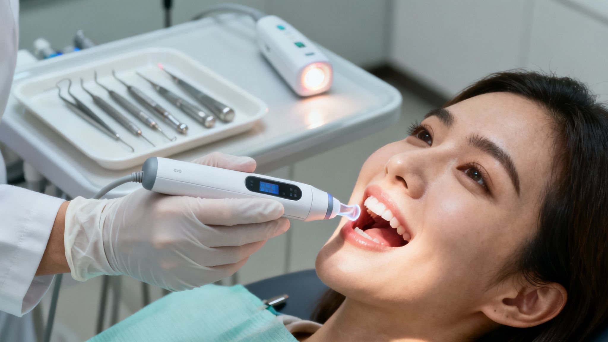 A dentist using a modern digital scanner on a patient, showcasing gentle dental technology.