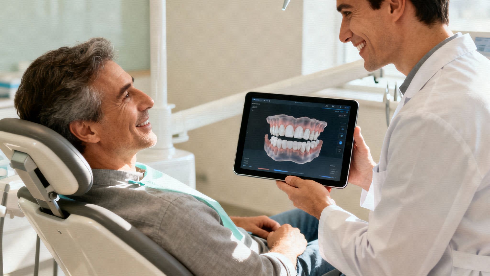 A calm patient in a modern dental chair, smiling at the dentist.