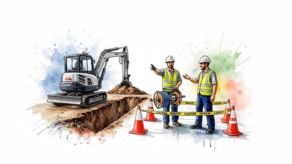 Watercolor illustration of construction workers with an excavator, a trench, cable reel, and safety cones.