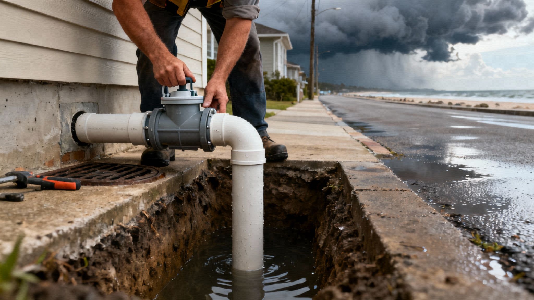 Plumber installing backflow prevention valve in flooded trench during storm for emergency repair