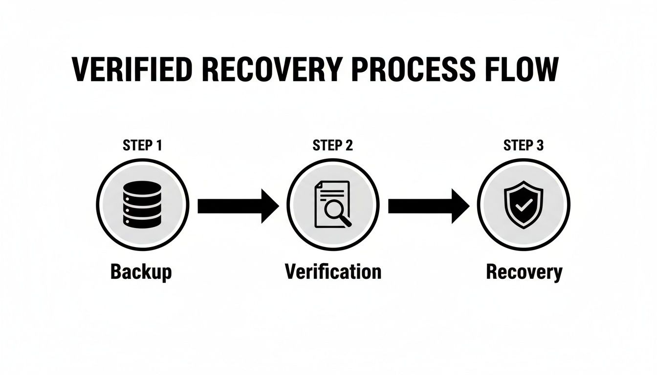 Flowchart illustrating a verified data recovery process with steps: Backup, Verification, and Recovery.