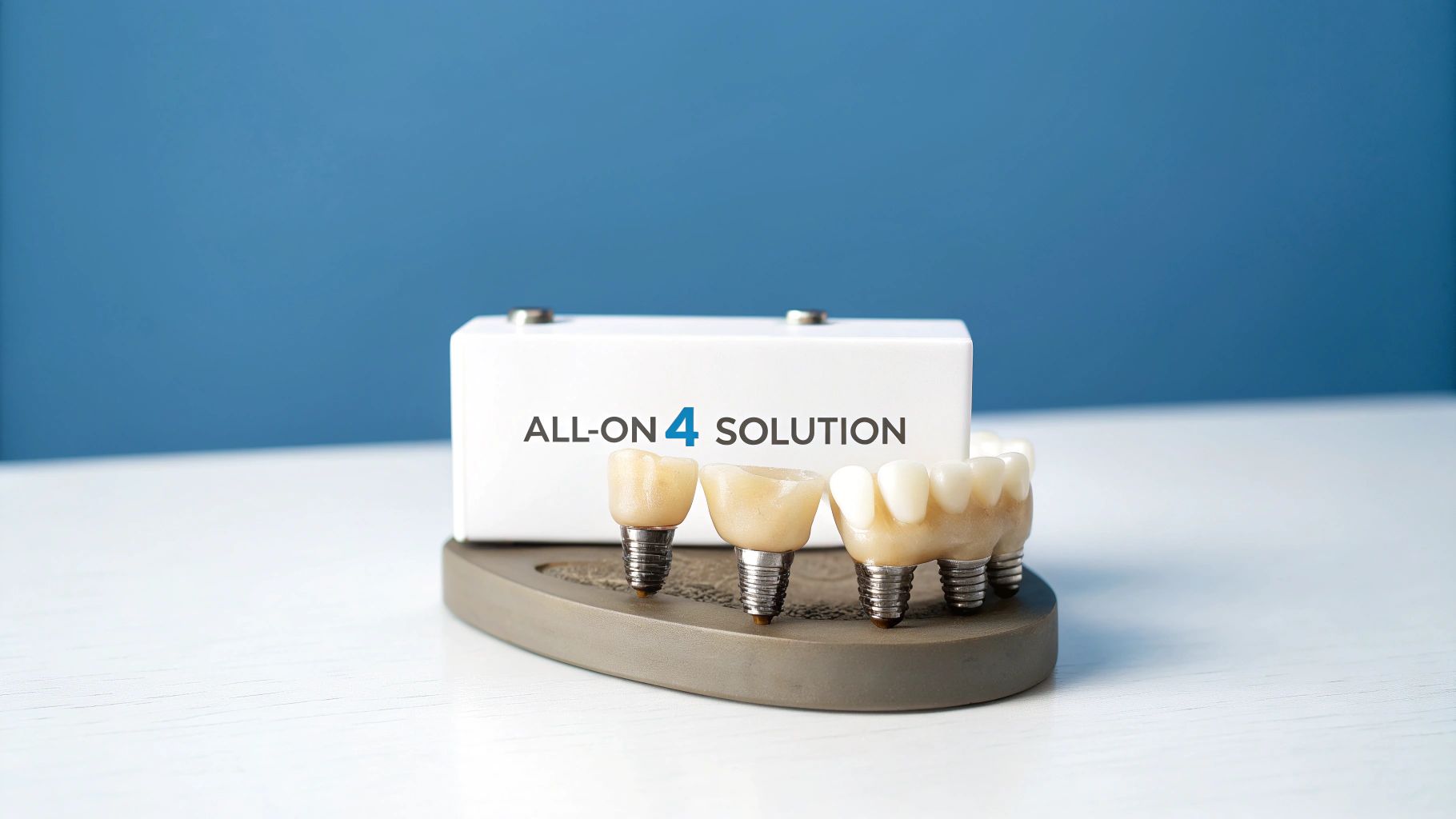 Dental model demonstrating the All-on-4 solution with prosthetic teeth and implants.