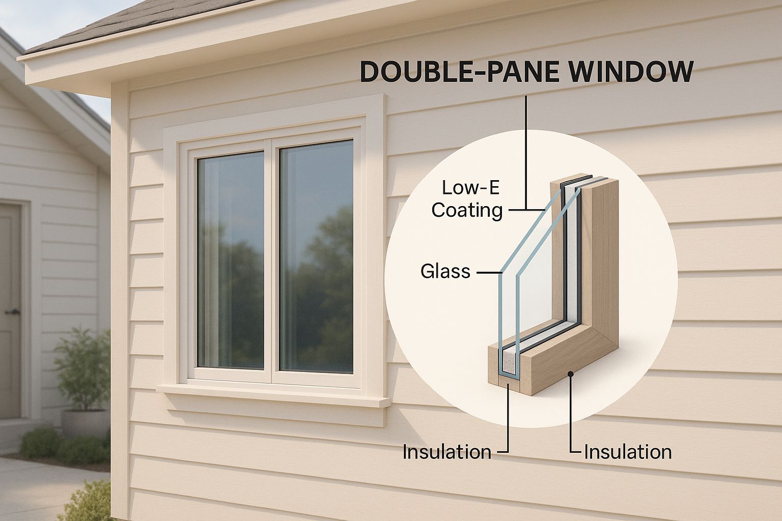 Infographic showing a cross-section of a modern, double-pane window with Low-E coating and insulation layers labeled.