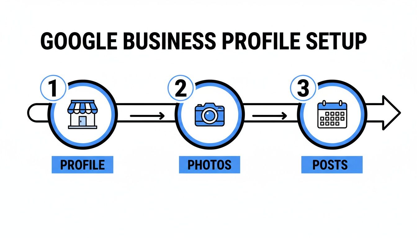 Infographic showing three steps for Google Business Profile setup: profile, photos, and posts.